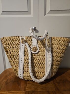 Michael Kors XL Woven Straw Beach Bag with White Trim